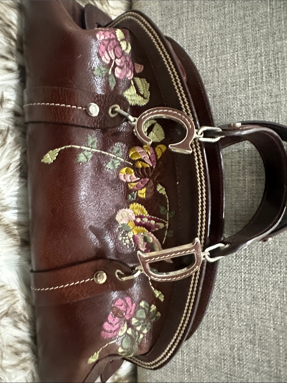 DIOR Burgundy -Dark Brown leather CD Bag with Pink & Green Floral Embroidery - Picture 14 of 14